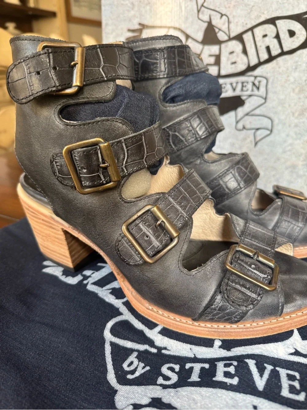 Freebird by Steven Black Leather Buckle Sandal - Quail Black